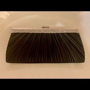 Jessica McClintock pleated satin evening clutch with rhinestone band